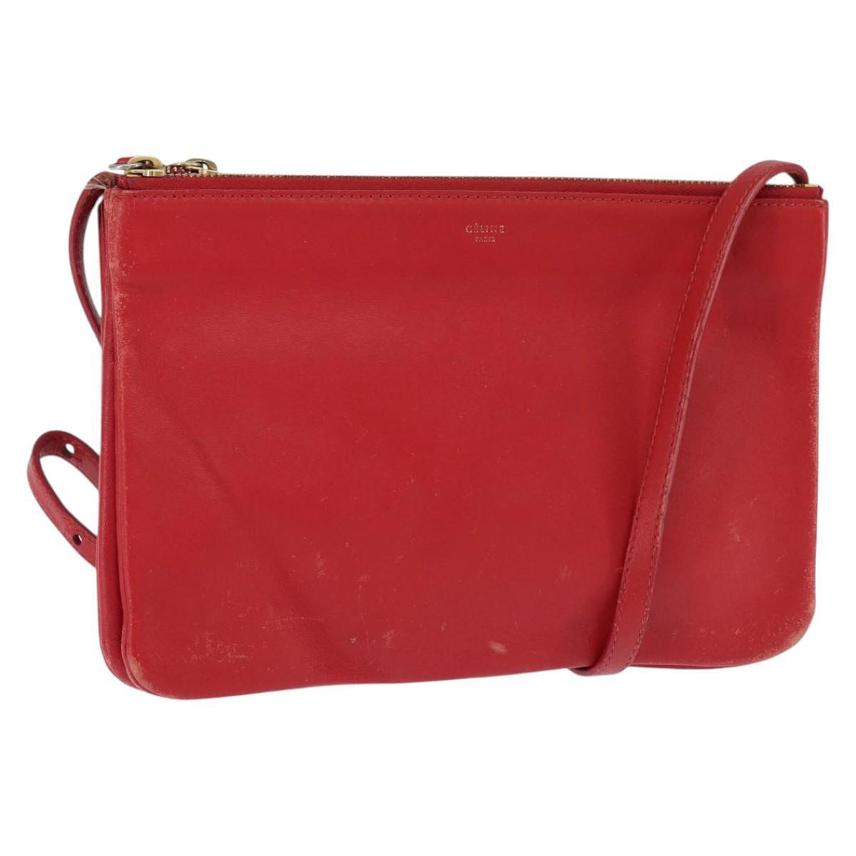 Celine Trio Shoulder Bag Leather Red Gold Auth Fm4933